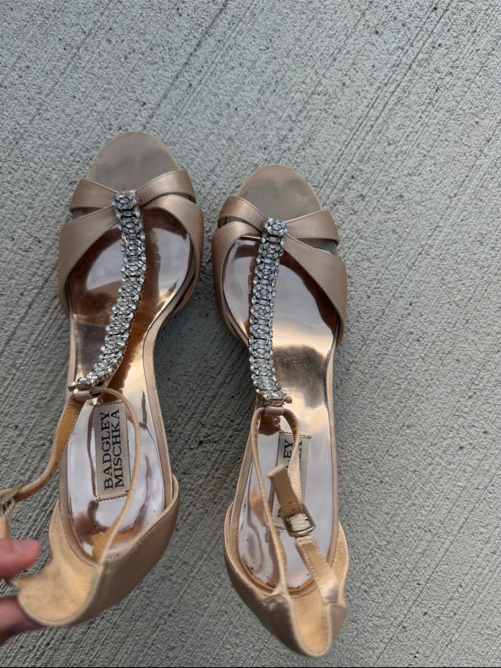 Badgley Mischka Rose Gold Satin T-Strap Crystal Embellished Heels - Picture 5 of 12